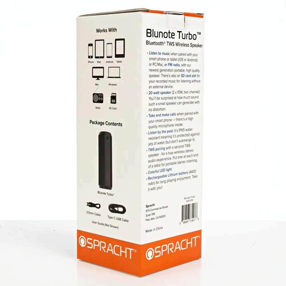 Spracht WS5010 Blunote Turbo Wireless Bluetooth Speaker - OPEN BOX - Picture 3 of 3